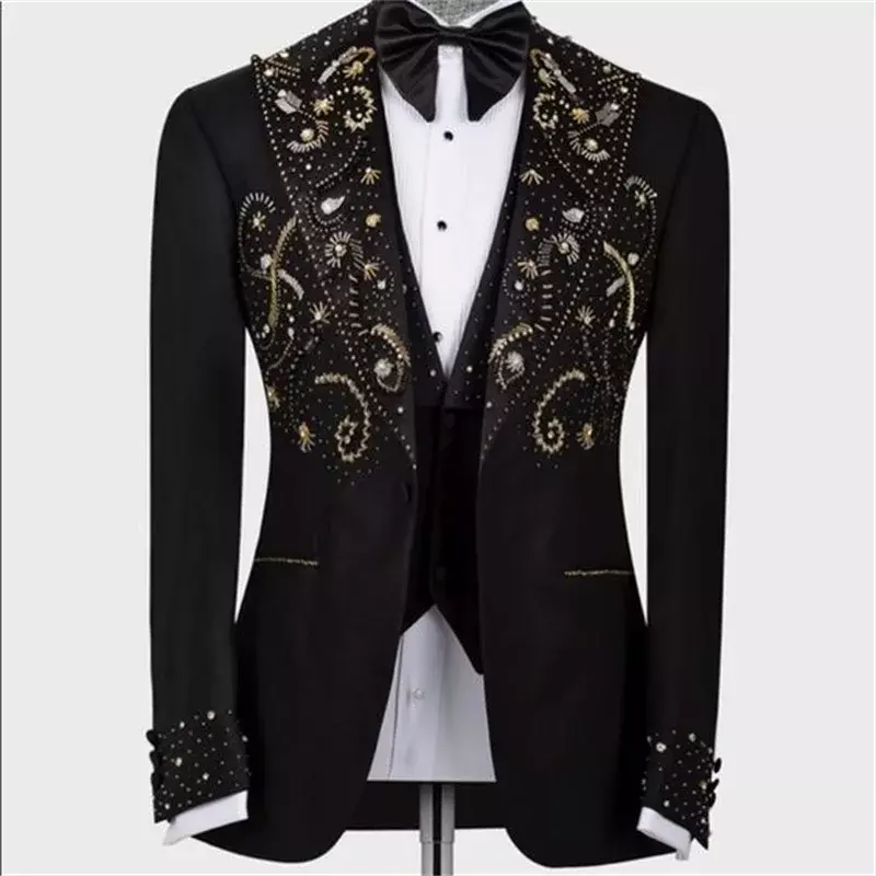 Traje de cristal negro para hombre, conjunto de 2 piezas, Blazer + Pantalones, esmoquin Formal para boda, abrigo de lujo para negocios, chaqueta hecha a medida
