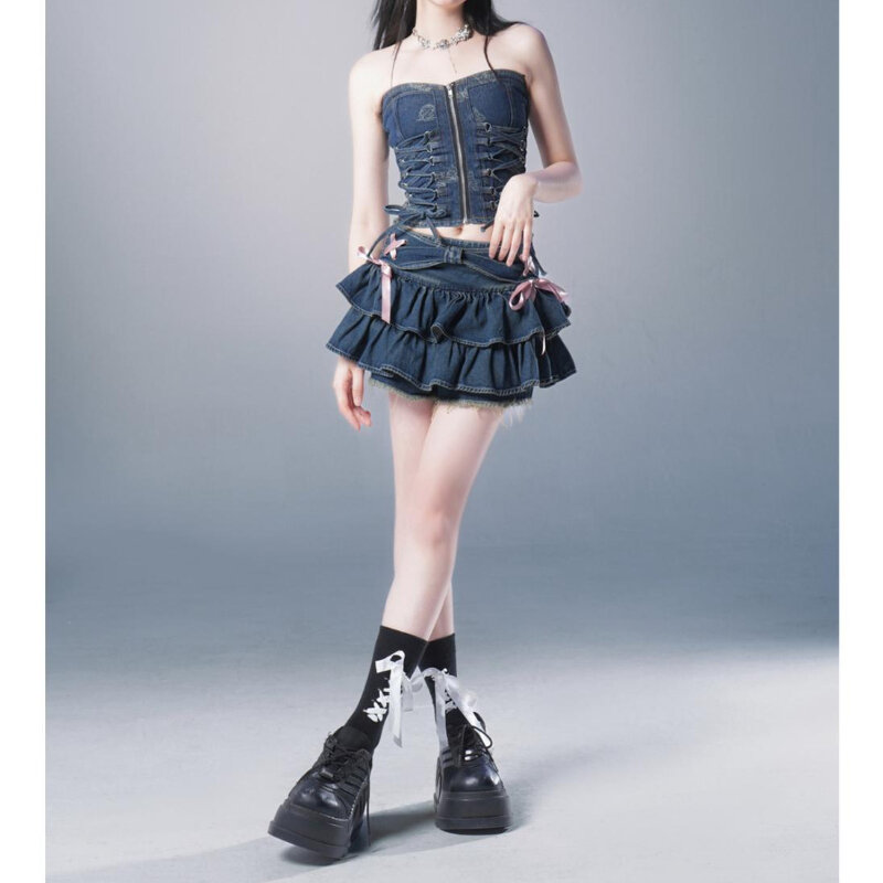 Deptown koreańska słodka dżinsowa Mini spódniczka damska marszczona Kawaii kokardka spódnica Vintage lato Cutecore czarna krótkie spódniczki
