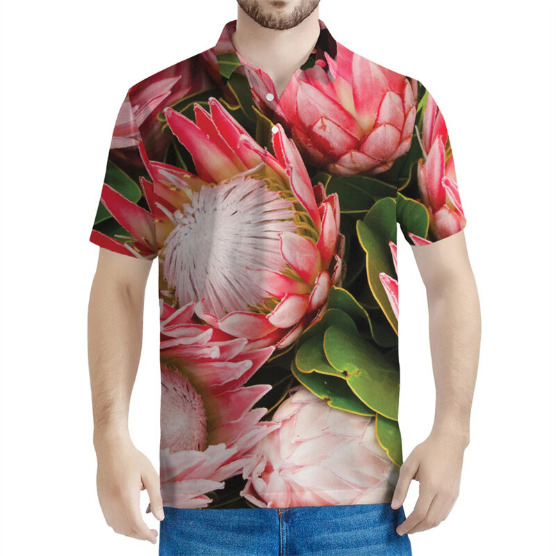 Protea Flower Pattern Polo Shirts For Men 3D Printed Floral Tees Casual Street Button Polo Shirt Summer Lapel Short Sleeves