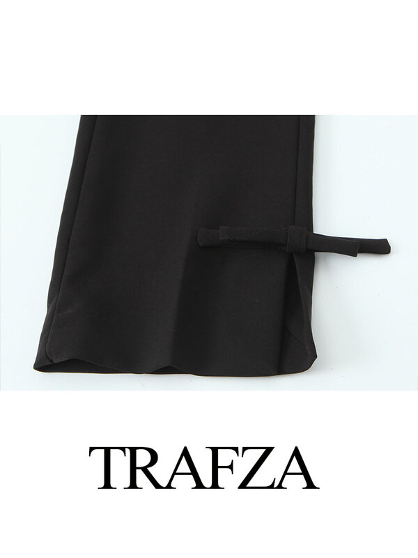 TRAFZA Women's Summer Streetwear Style Pencil Pant High Waist Hem Bow Decorate Pockets Zipper Trousers Female Fashion Long Pants