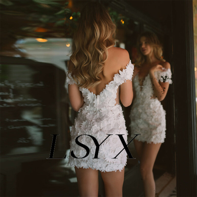 LSYX dekolt w szpic z odkrytymi ramionami 3D aplikacje kwiatowe Mini suknia ślubna dla kobiet bez pleców ponad kolano krótki ślubny suknia wykonana na zamówienie