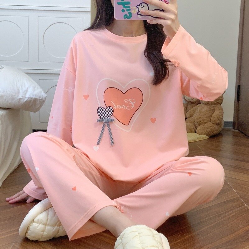 Pijama de algodão de mangas compridas feminino, pijama versão coreana, pulôver, loungewear, roupa bonita do outono, novo, primavera, 2024