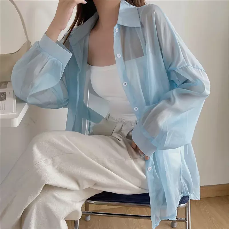 Blusa veraniega de manga larga para mujer, camisa de gasa transparente para playa y vacaciones, 2023