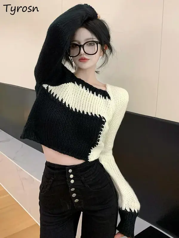 Pullovers Women Design Personality Crop Slim Sexy Hot Girls Korean Style Retro Streetwear Autumn Sweater Patchwork Simple Trendy