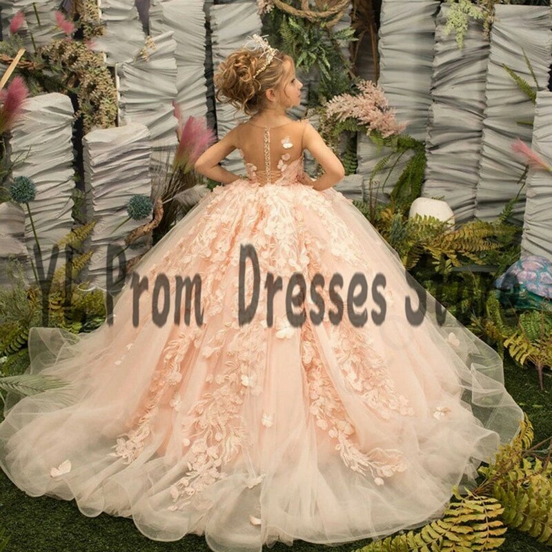YL Gogerous – robes à fleurs 3D pour filles, robe à taille haute, avec traîne, en Tulle rose, pour séance photo d'anniversaire, robe de première Communion