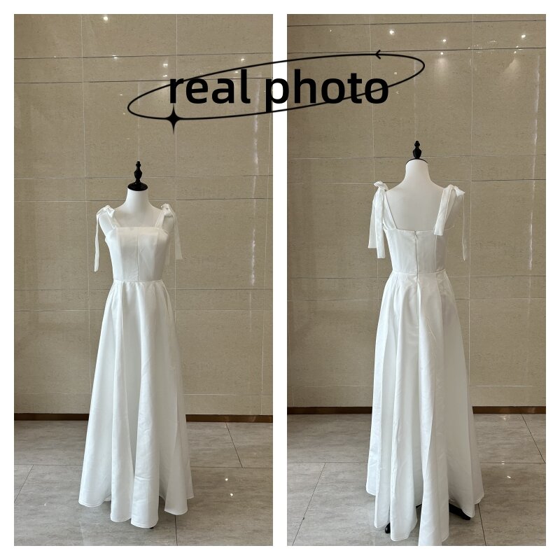 Sweet Bow Spaghetti Straps Korean Wedding Dress Soft Satin Wedding Dresses For Woman Simple Square Collar Brides Wedding Dresses