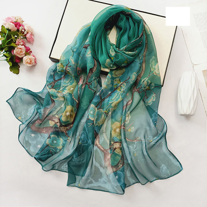 Georgette-Pañuelo de seda con flores de loto para mujer, pañuelo de gasa elegante, chal, Hijab, bufanda de playa