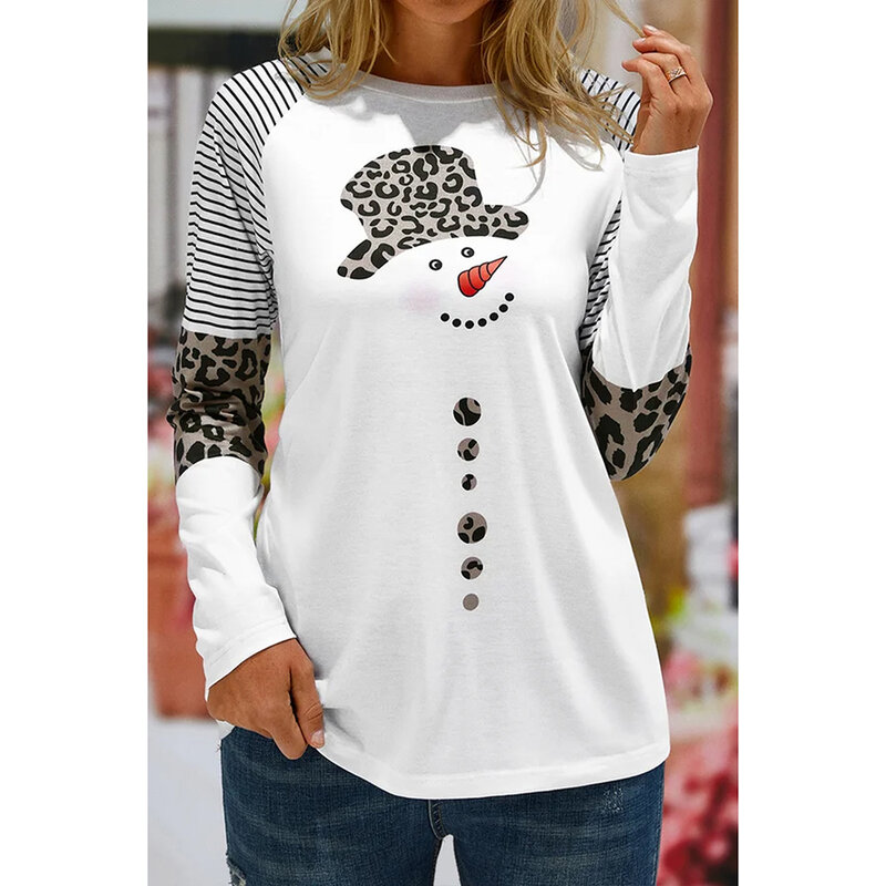 Plus Size Kerst Witte Sneeuwpop Luipaard Gestreepte Print Lange Mouw T-Shirt