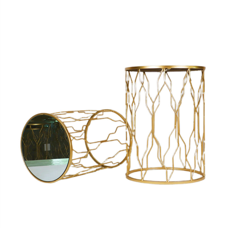 Mesas de centro nido doradas, mesa auxiliar redonda de diseño moderno, altavoz de espejo dorado de lujo, mesa de centro