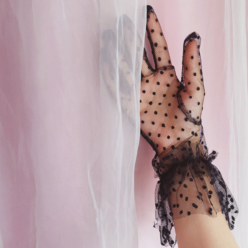 قفازات نسائية مثيرة من قماش التول مطبوع عليها نقاط شفافة باللون الأسود والأبيض فستان نسائي للرقص والحفلات الراقصة