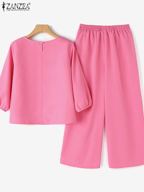 ZANZEA-Conjunto de pantalones de pierna ancha para mujer, Blusa de manga acampanada, chándal urbano informal, Color sólido, 2 piezas