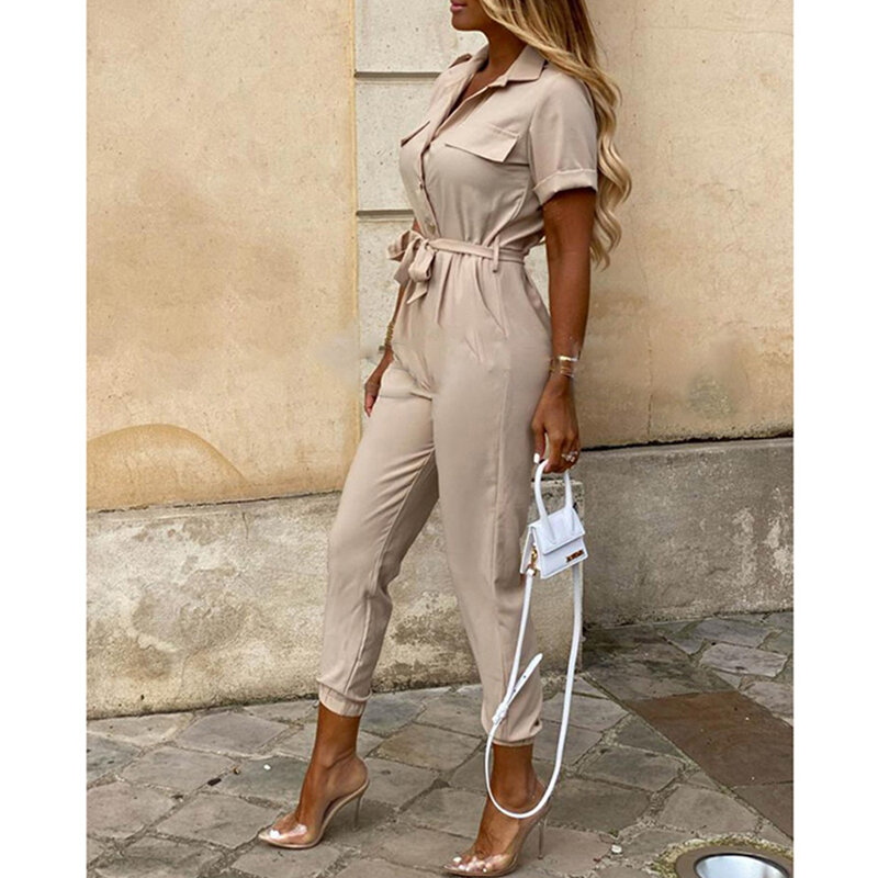 Lapel Catsuit with Belt Rompers Playsuits Sportswear Bodysuit Female Sexy Baggy Jumpsuit Overalls for Women Elegant Short Sleeve