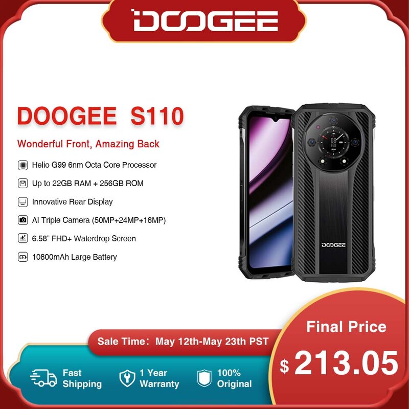 Doogee S110 Robuust 12Gb 256Gb Achterdisplay 6.58 ”Fhd Waterdrop Scherm Helio G99 Octa Core 66W Snel Opladen 10800Mah Batterij