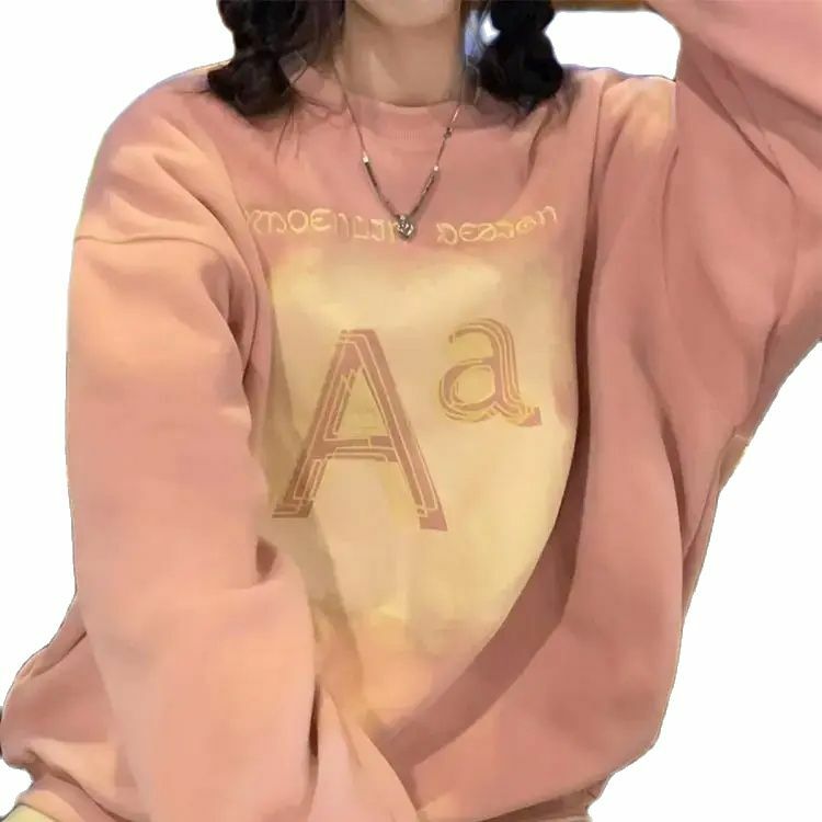 South Korean Autumn And Winter Hoodie Elegant, Age-Reducing Round Neck Casual Loose All-Match Letter Printed Plus Velvet