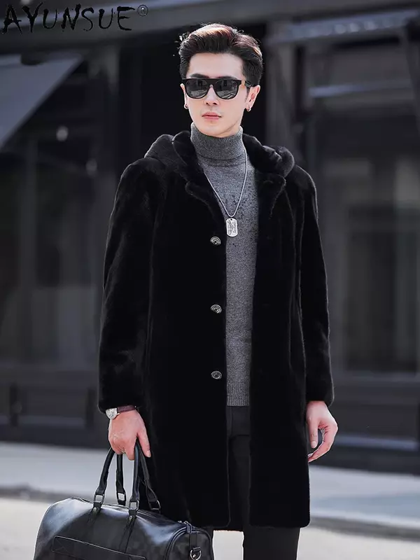 AYUNSUE-casaco de pele de vison natural para homens, jaqueta com capuz, outwear longo, casacos de peito único, luxo e novo, inverno