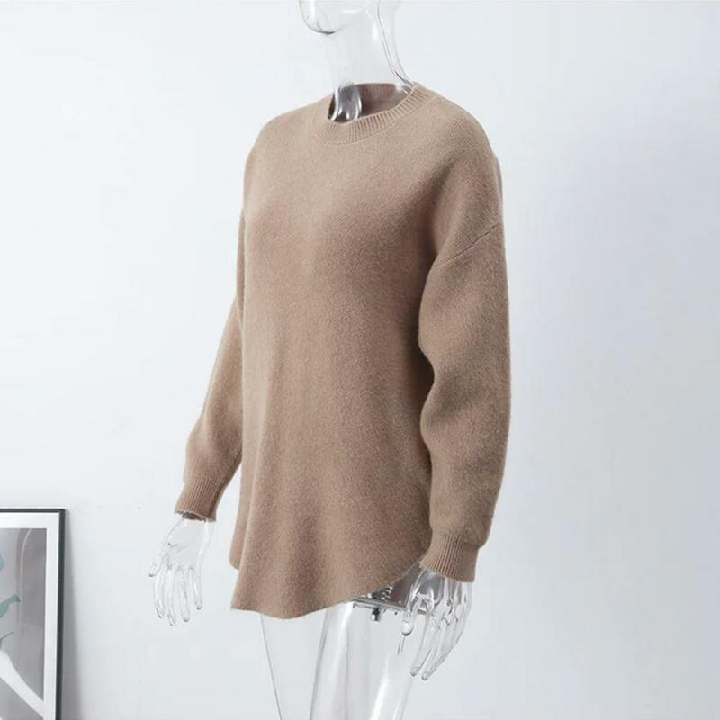 Теплый свитер для холодной погоды, уютный Однотонный свитер средней длины для женщин, Свободный пуловер с круглым вырезом и асимметричным подолом