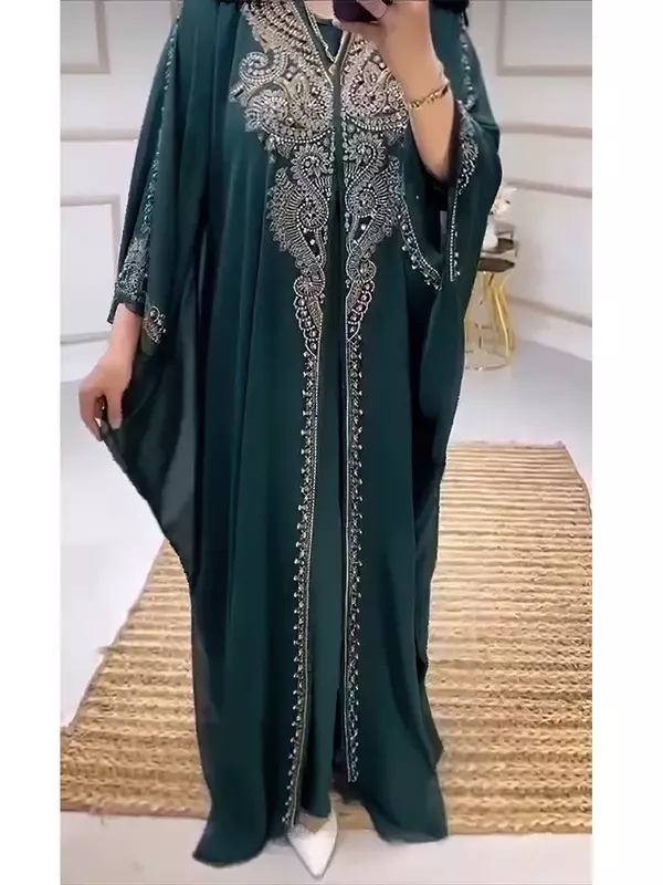 女性のためのイスラム教徒のドレス,フード付きアバヤ,ダイヤモンドジャラビア,モロッコパーティードレス,ドバイ,カフタン,ロングドレス,2個セット