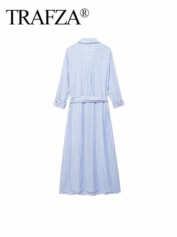 TRAFZA 2024 Women's Summer Vintage Striped Dresses Office Lady Long Sleeves Pockets With Belt Lapel Casual Fashion Shirt Dress