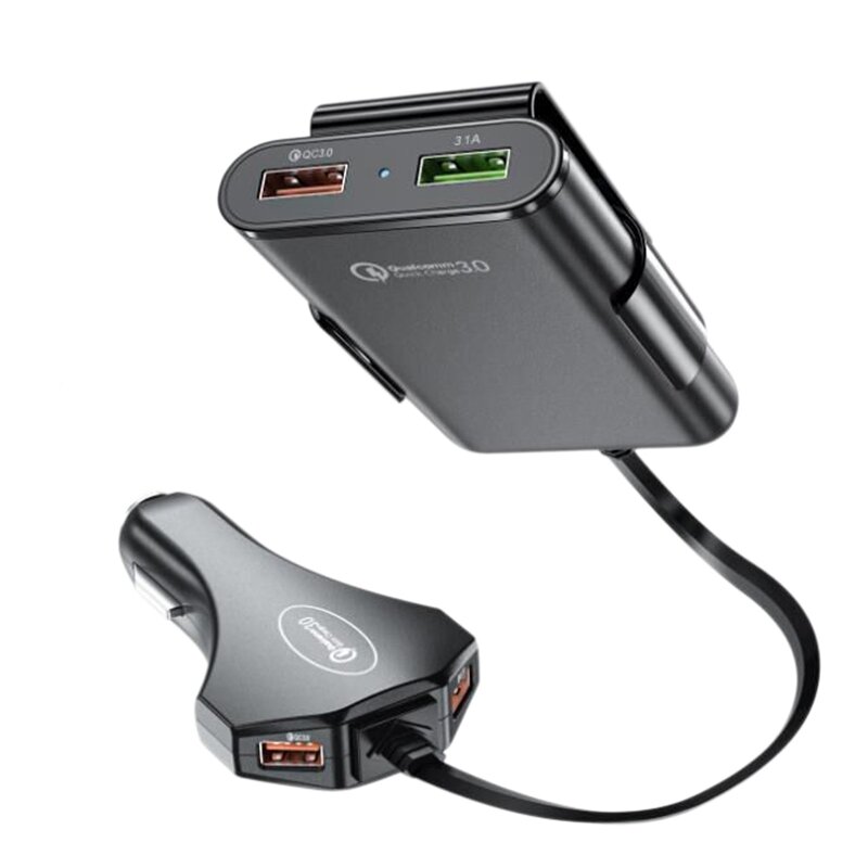 Carregador de Carro USB com Cabo, Carga Rápida, Frente e Traseira, Carregamento Flash, Quatro Portas, QC3.0, 12