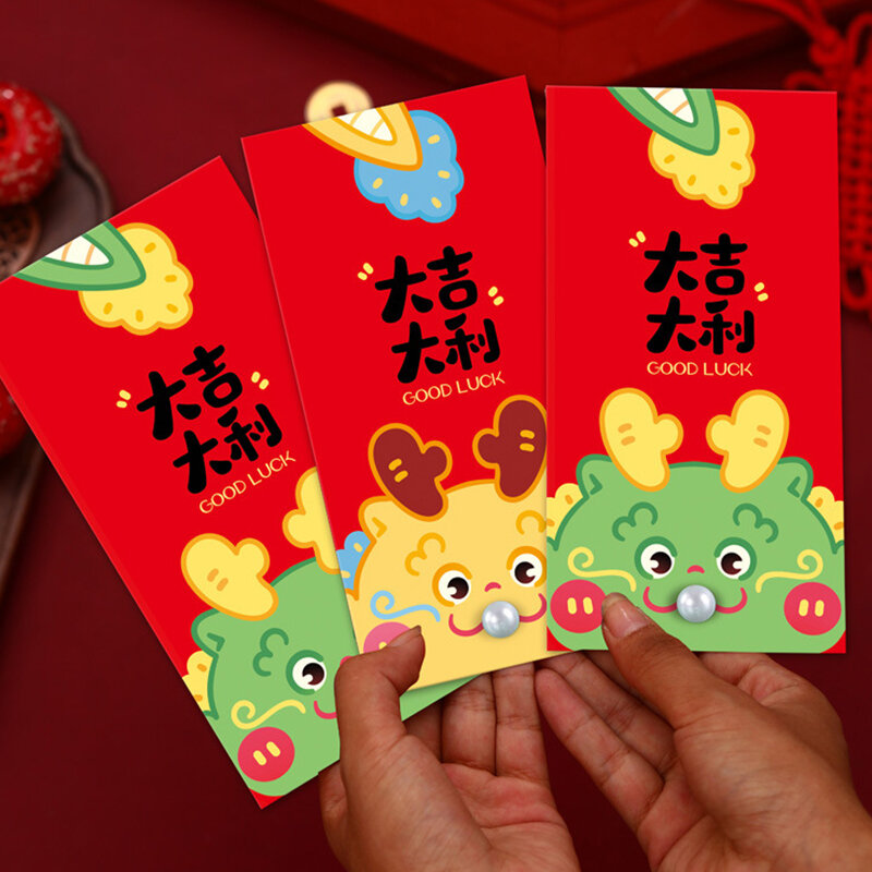 Bolsa de dinero de dibujos animados de la suerte, sobre Rojo, paquete de Año Nuevo, bendición de los mejores deseos, patrón de dragón, regalos de Año Nuevo, 2 piezas