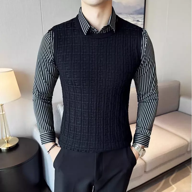 Top Quality Fall/winter Men Shirt Neck Sleeveless Knit Sweater New Fake Two Shirts Vest Men's Pullover Shirt Sleeve Vest Sweater