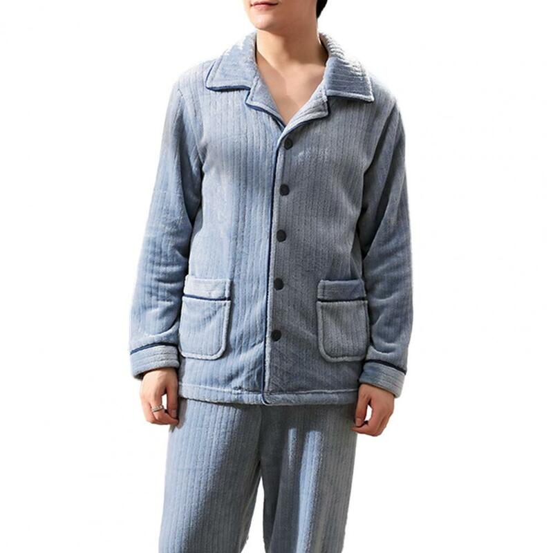 Conjunto de pijama de botão de linha única masculino, parte superior listrada de lapela, calça elástica na cintura, macia grossa quente para inverno