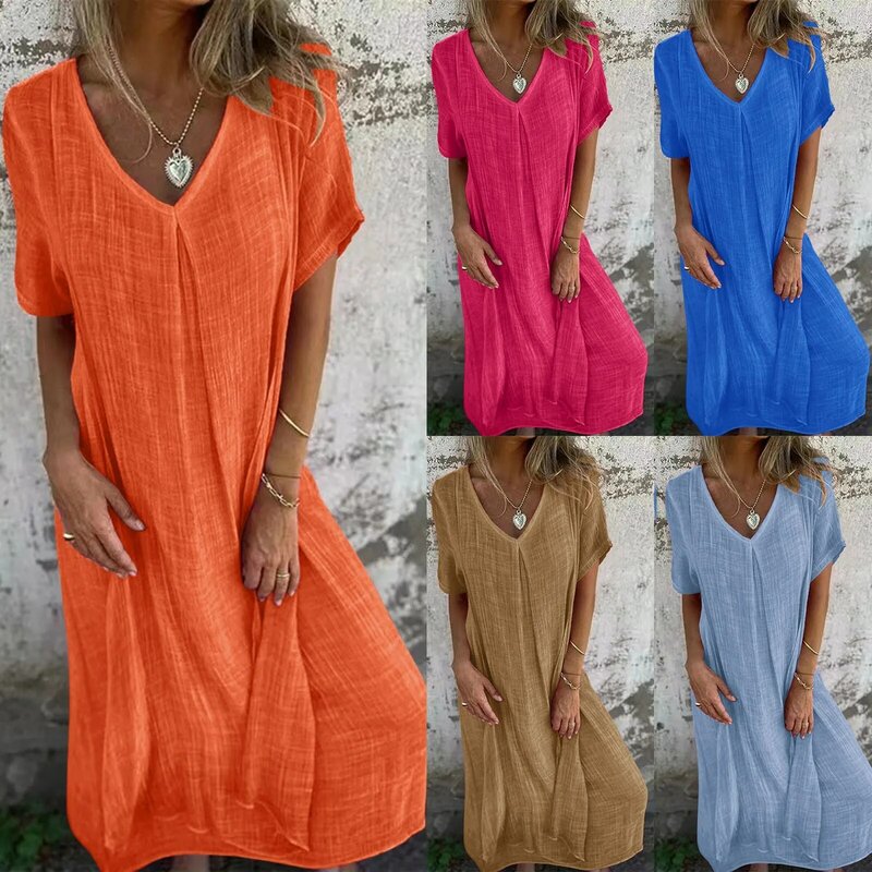 Women's Dress Spring Summer Solid Color Simple Casual Loose Fitting V Neck Dress Tunic Beach Party Long Dress 2024 Hot Selling