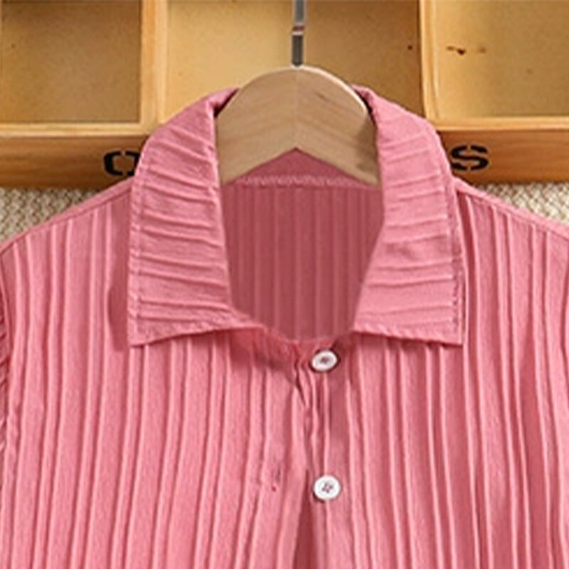 Conjuntos de pantalones cortos de 2 piezas para niñas, camiseta plisada de manga corta con solapa, Tops, pantalones cortos con cordón rosa, 8-12T, Verano