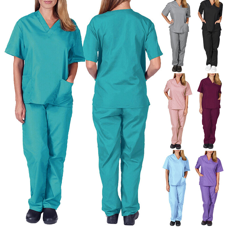 Uniforme médico de enfermera con cuello en V, ropa de trabajo, Tops de manga corta, pantalones, salón, Spa, aseo de mascotas
