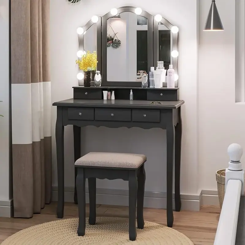 Dressing Table, Dressing Table with 10 Bulbs and 3 Color Lighting Modes, 5 Drawers and Upholstered Stool Dressing Table