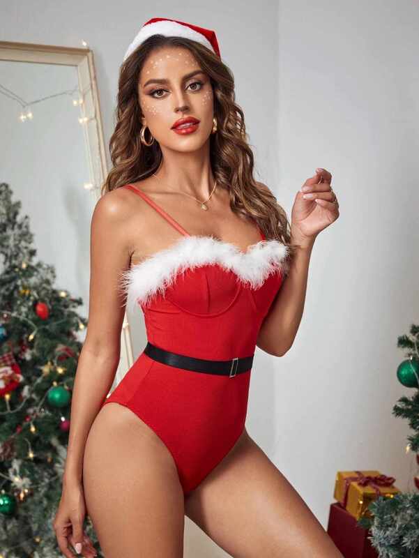 Wholesale Women's Sexy Pushed Up Roleplay Red Bodysuit Adult Lady Christmas Party Cosplay Costumes
