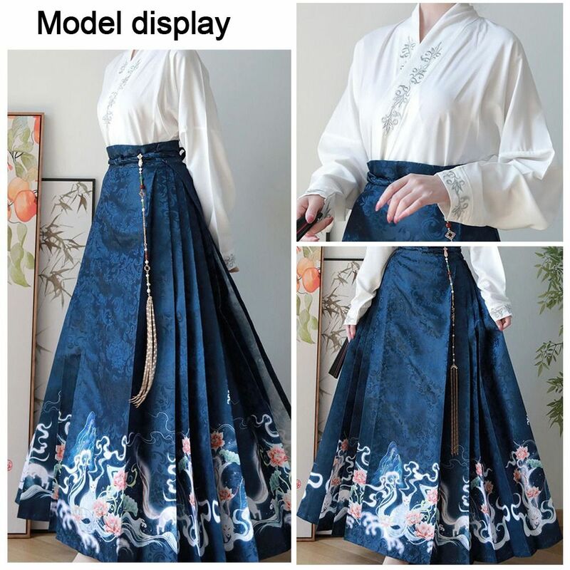 Colorful Chinese Ming Moon Fox Hanfu Traditional Polyester Vintage Women Blue Pleated MaMian Skirt Chinese Ming Hanfu