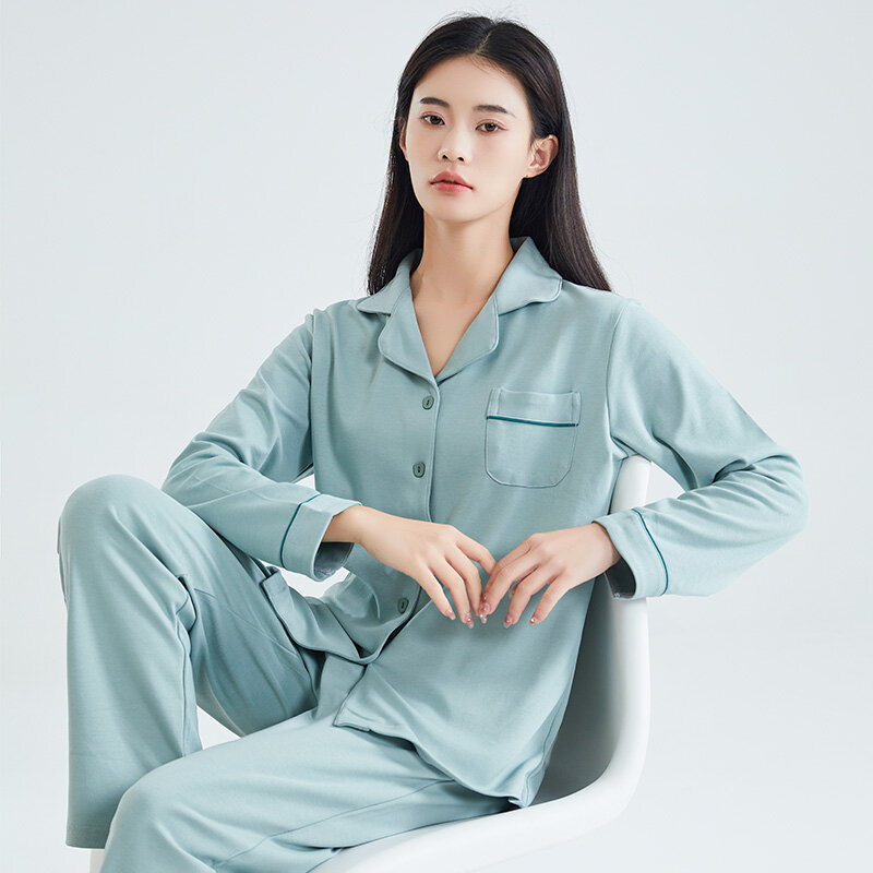Pijama de algodão feminino, manga completa pijama com botões, pijama verde, roupa de primavera e inverno