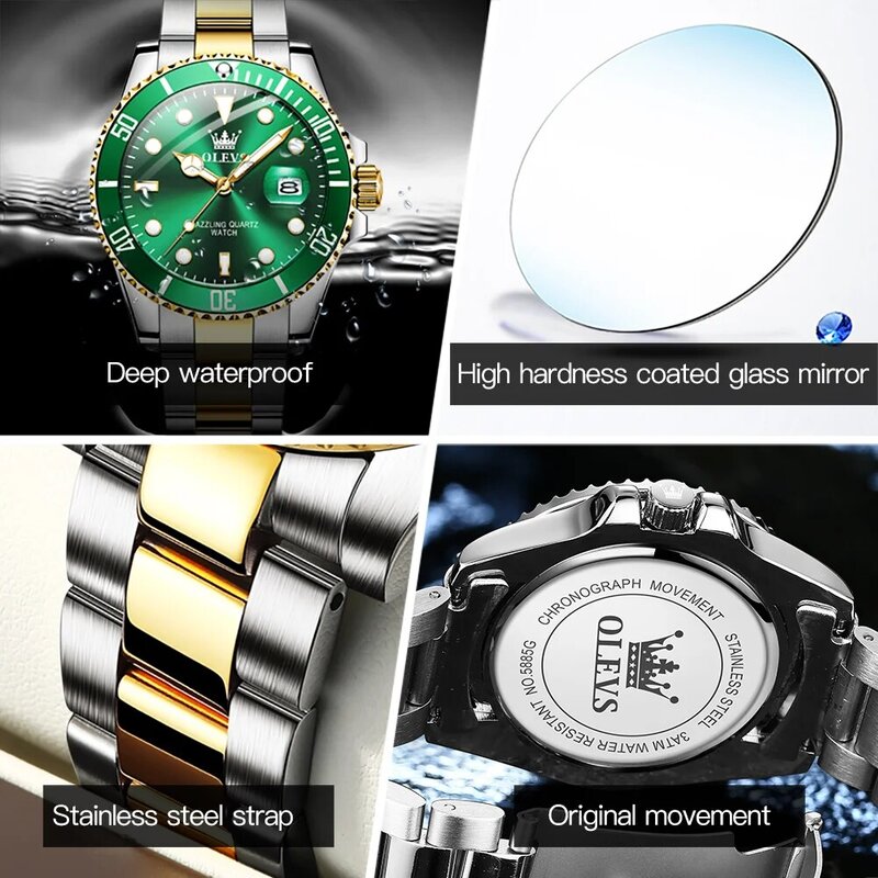 OLEVS jam tangan Quartz tahan air pria, jam tangan olahraga baja tahan karat modis bercahaya asli untuk pria