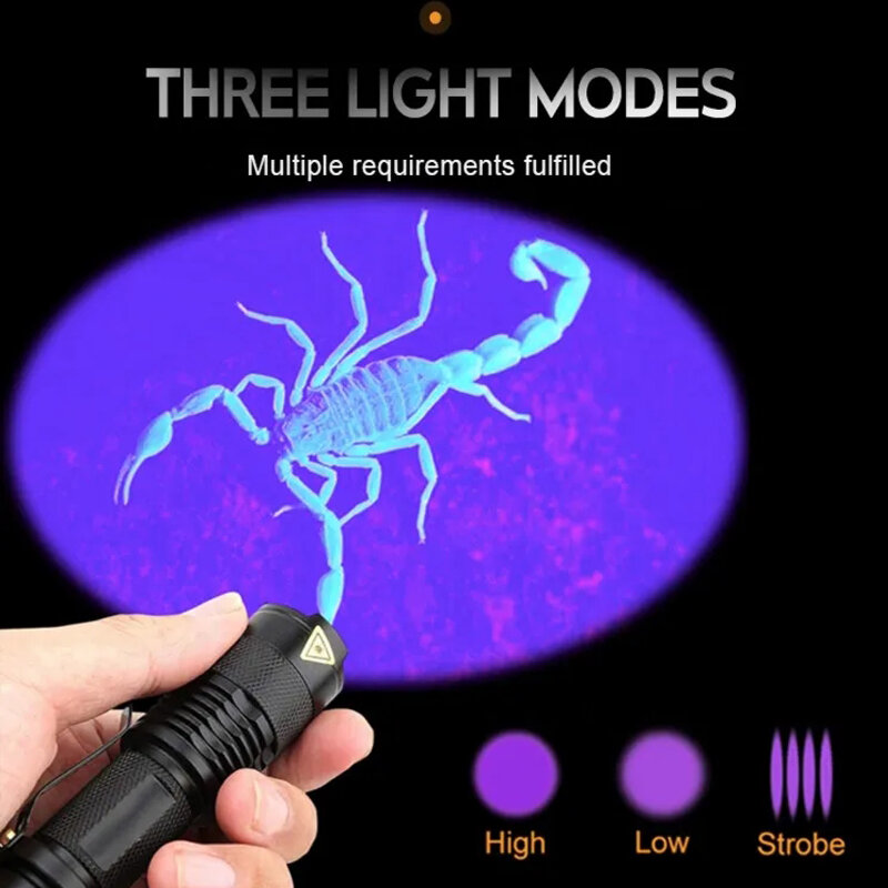 Linterna LED UV portátil, Mini linterna ultravioleta impermeable con zoom, luz violeta, Detector de escorpión de orina de mascotas, 365/395nm