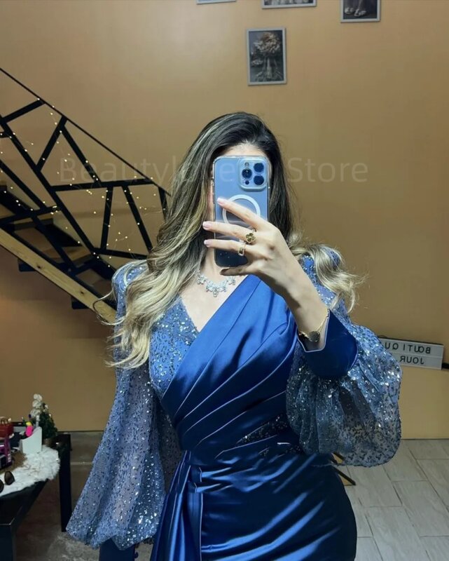 Vestidos De Noche De satén De sirena para mujer, traje Sexy De gama alta con lujo De cuello en V, manga larga hasta el suelo, novedad De 2023