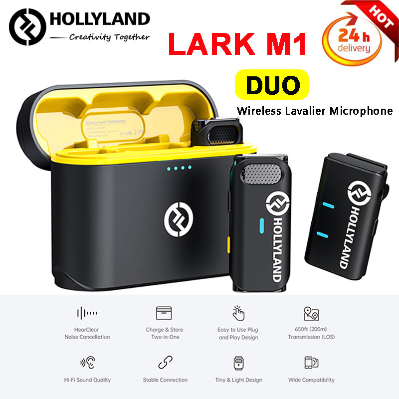 Hollyland-micrófono inalámbrico Lark M1 Duo, dispositivo con estuche de carga, Mini micrófono de solapa portátil, grabación de Audio y vídeo, 2,4 Ghz, 600ft