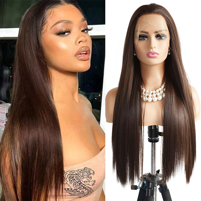 Brown Straight Lace Front Wigs 180% Density Synthetic Glueless 13x4 Lace Frontal Wigs Pre Plucked for Women Blonde Black Colored