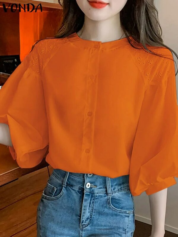 Модные топы VONDA 2024, летние весенние повседневные однотонные рубашки, женская элегантная Офисная Женская блузка с коротким рукавом, женские блузы