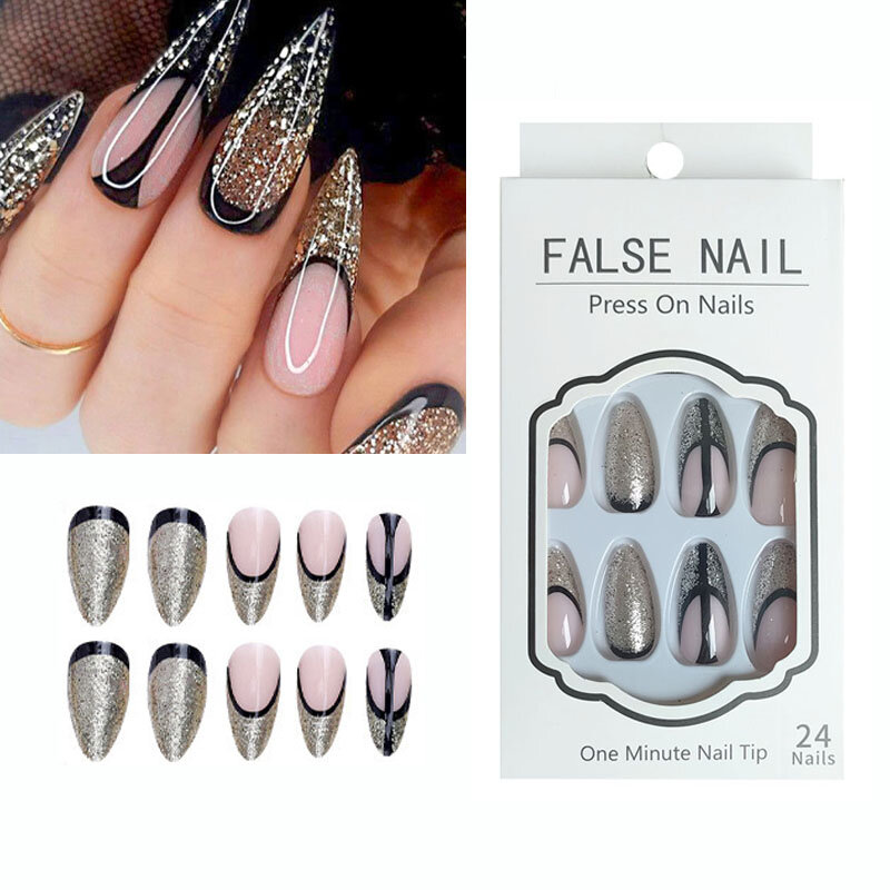 24Pcs/Box Black Acrylic Press On Nails French Tips Sequin Full Cover Stiletto False Artificial Nails