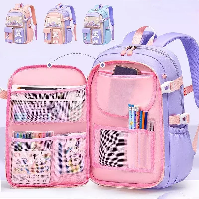 초등 학교 배낭 여아용 귀여운 다채로운 학교 가방, 방수 대용량 만화 토끼 Mochila Escolar, 1-5 등급