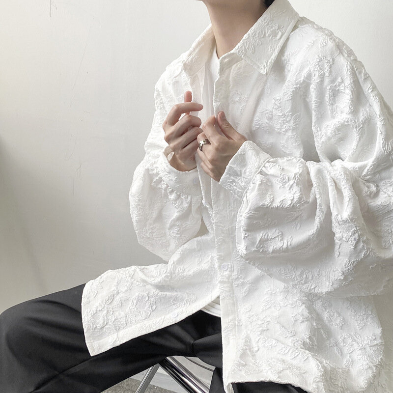 Camisas florais plissadas soltas masculinas, estilo vintage de manga longa, moda japonesa, combina tudo, rua alta, design jovem e legal