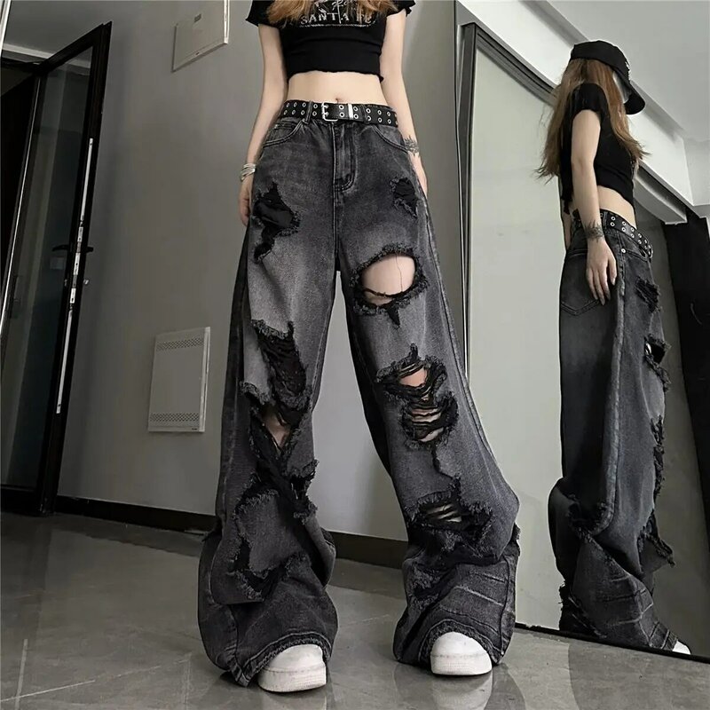 Джинсы женские винтажные с дырками, Модные свободные прямые брюки из денима с завышенной талией, с широкими штанинами, уличная одежда с эффектом потертости Y2k
