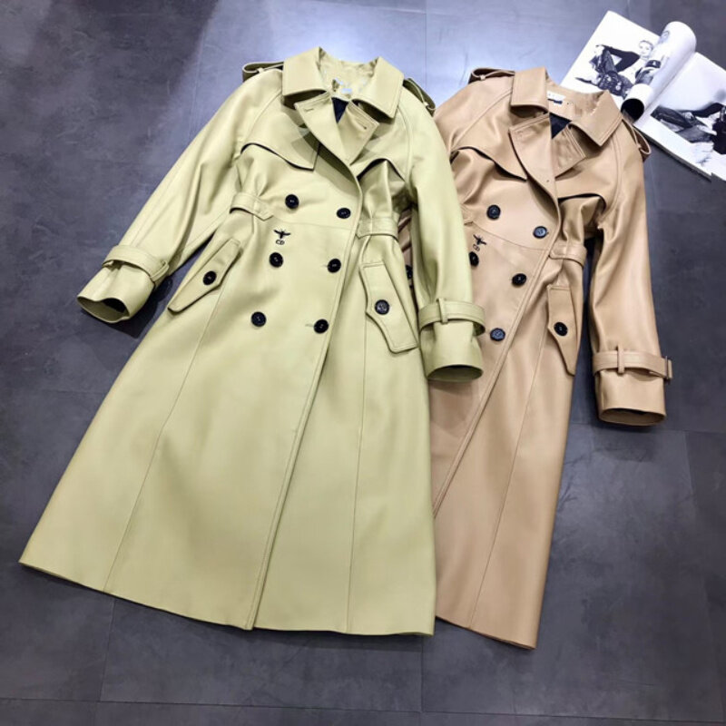 Jaqueta de couro roupas femininas genuíno casaco de pele de carneiro coreano moda mid-length trench coats senhoras jaqueta de couro chaquetas lq706