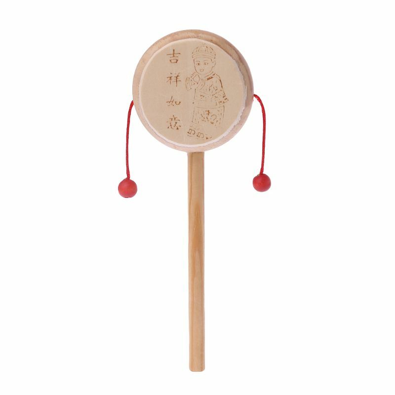 Drewniana kreskówka chińska tradycyjna wirująca grzechotka bęben ręczny dzwonek zabawka muzyczna dla dzieci