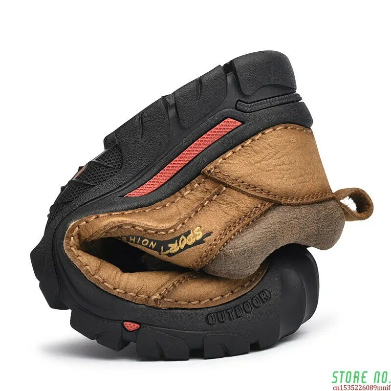 Zapatos de senderismo con plataforma de cuero genuino para hombre, zapatillas de deporte informales impermeables para exteriores, antideslizantes, suaves