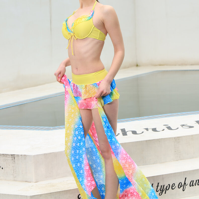 Ygolonger 2023 꽃무늬 스플릿 커버업 세트, 4 피스 수영복, 섹시한 여성 비치 비키니 브라, 스커트, 반바지, 숄, 신제품