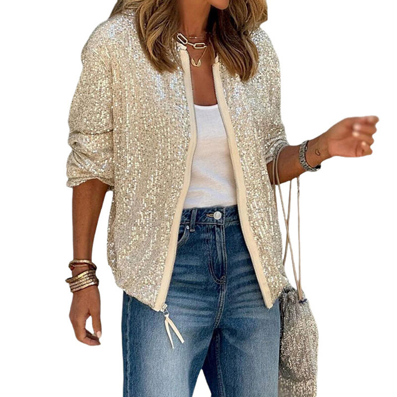 Sequined Nightclub Women's Jacket Long Sleeve Zipper Casual Loose Jacket Women's Fashion Versatile Party Shiny