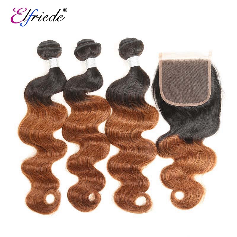 Elfriede T1B/30 Body Wave Ombre Color Hair Bundles with Closure Brazilian Remy Human Hair Weave 3 Bundles with Lace Closure 4x4