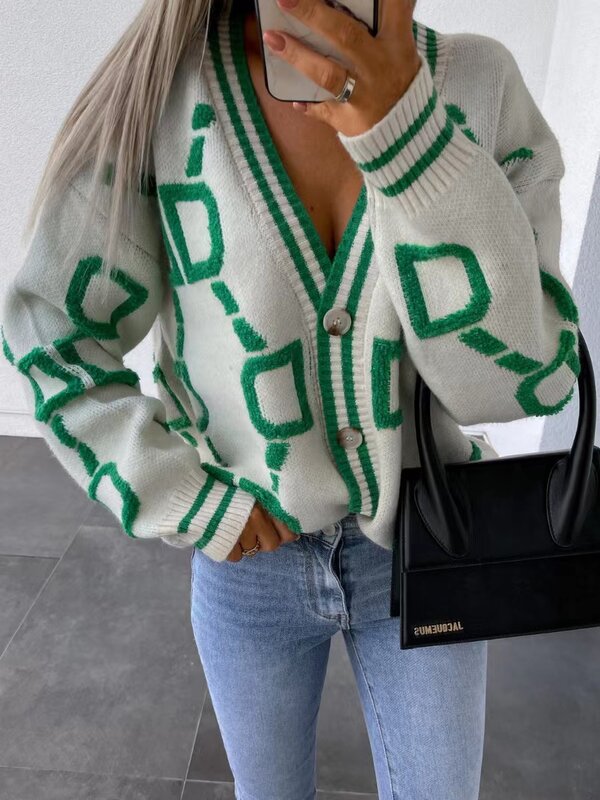 Cardigã de malha manga comprida com decote em v feminino, suéter solto, grosso, quente, verde, estampa casual, moda feminina, outono, inverno, 2023